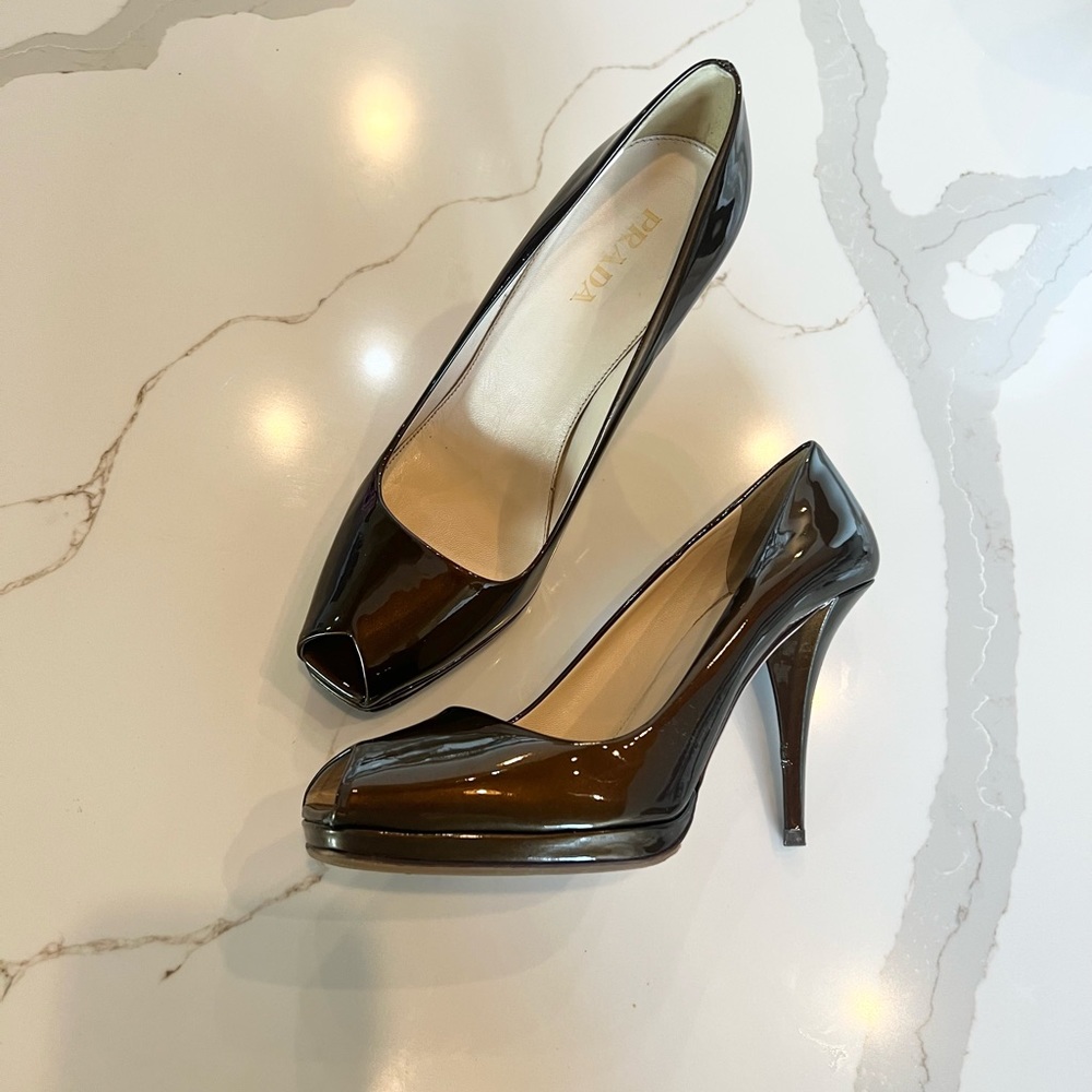 Prada bronze color peep toe pump